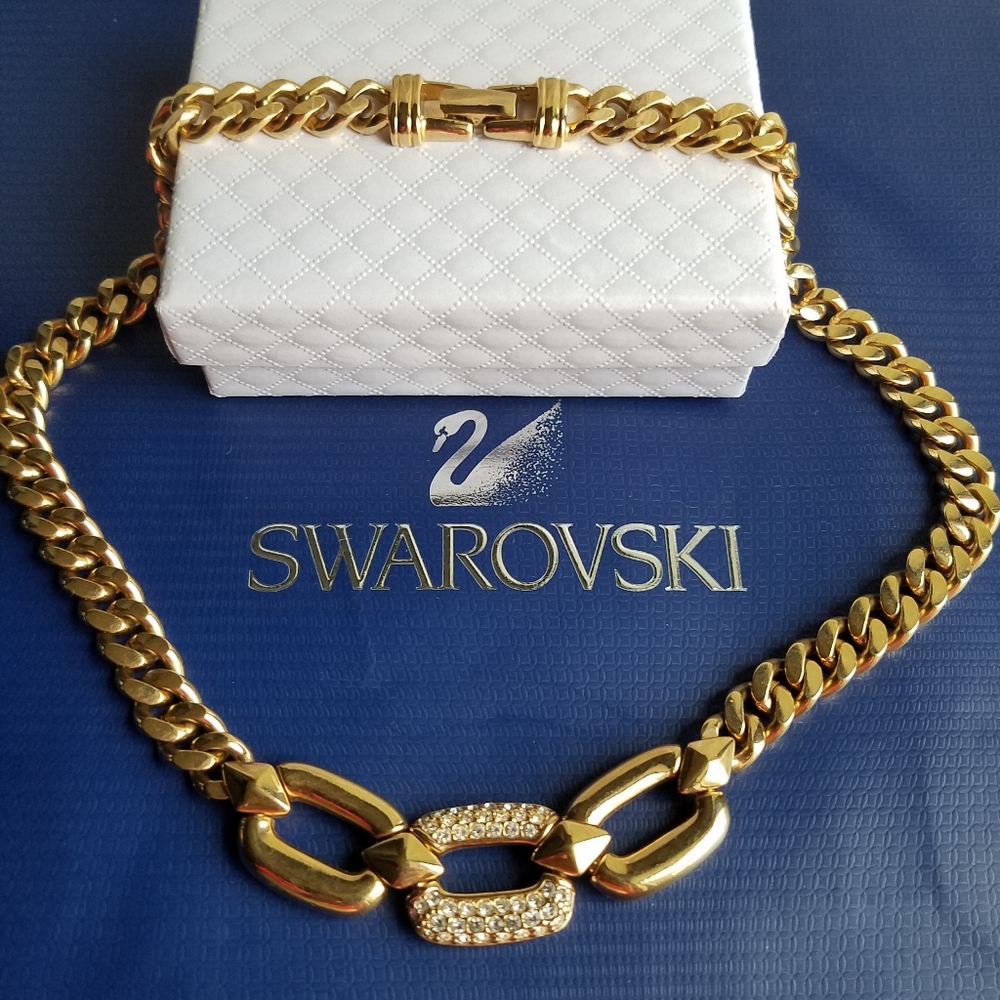 AUTHENTIC Swarovski 18k Gold Plated Chunky Chain Vintage Link Necklace - Picture 5 of 17